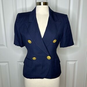 Christian Dior Vintage Navy Short Sleeve Cropped Blazer Gold Buttons